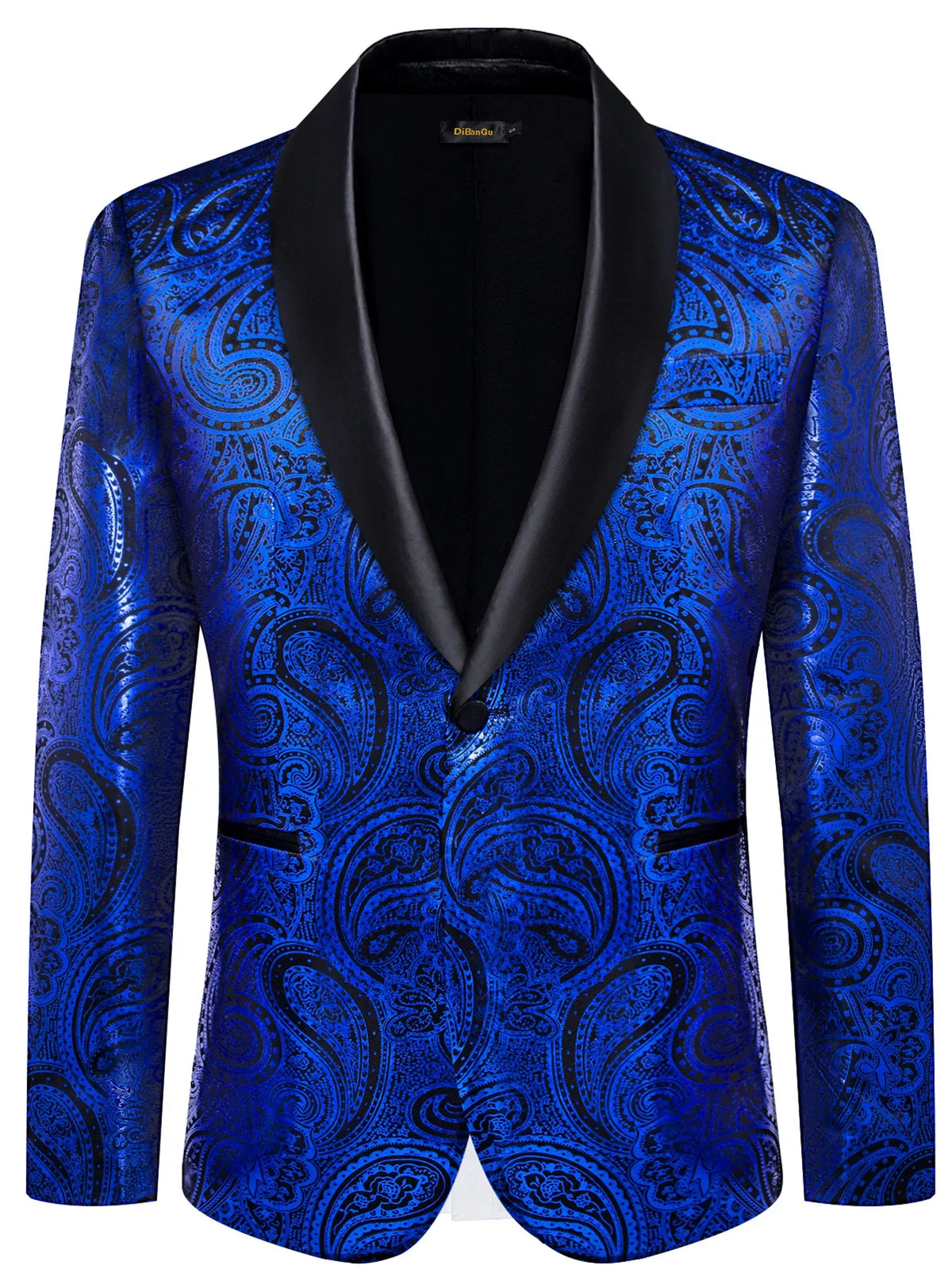Men's Silver & Multi-Color Paisley Print Blazer with Black Satin Lapel for Wedding Formal Events