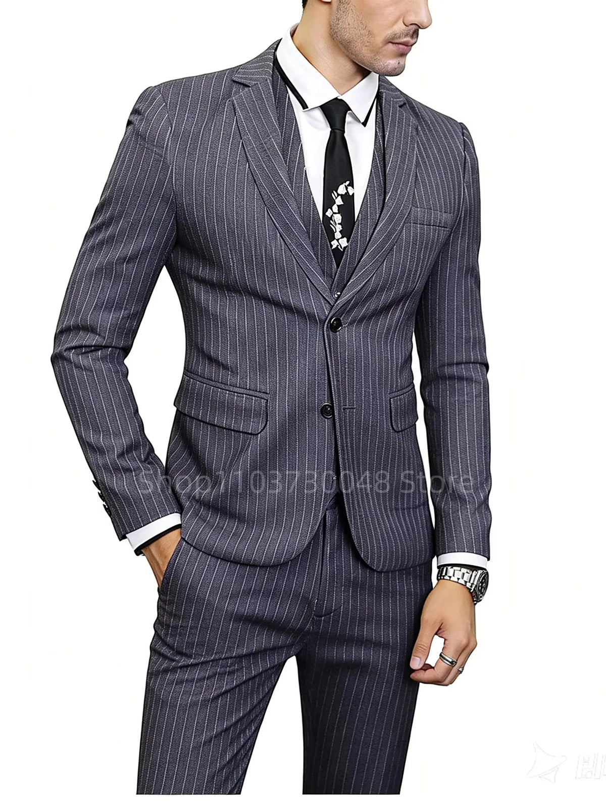Gray Striped Men's Tuxedo 3 Piece Business Set with Notch Lapel Single Breasted Blazer Vest Pants Outfits for Wedding Party Prom