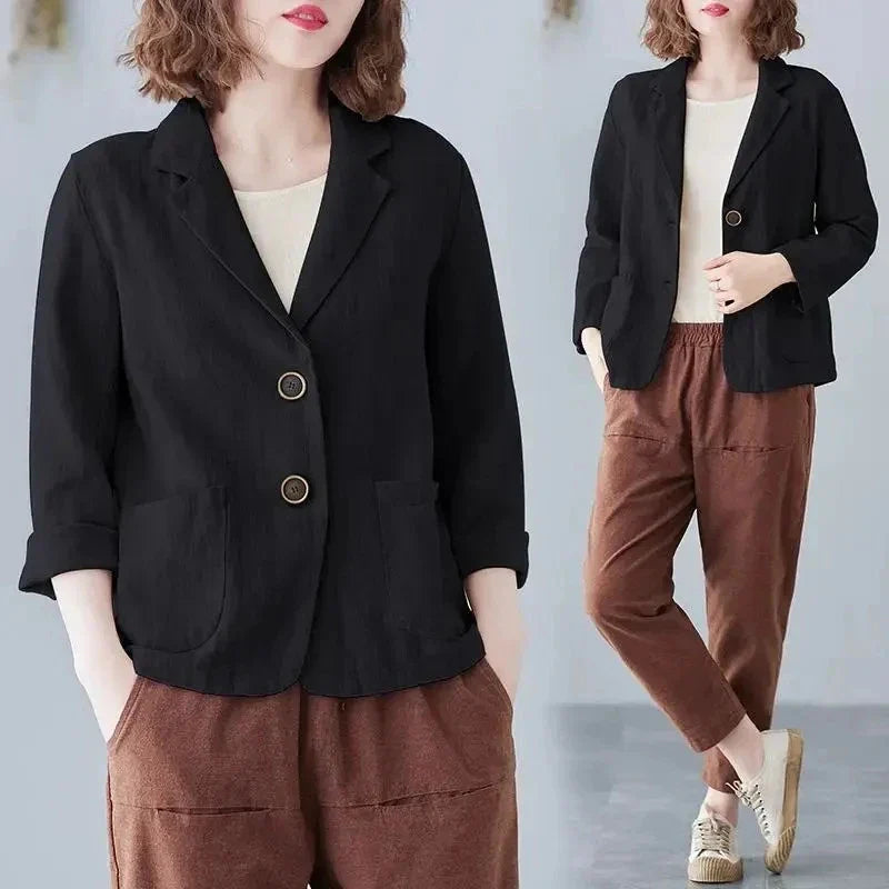 Casual Cotton Linen Short Suit Jacket Women's Spring 2025 Loose Fit Long Sleeve Artistic Large Size Casual Style Top