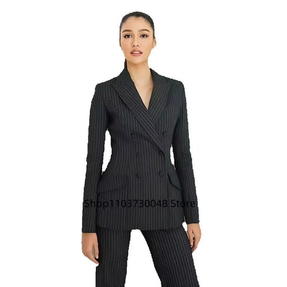 Black Striped Women's 2 Pieces Suit Lady Business Office Pant Suits Slim Fit Peak Lapel Jacket Formal Womens Tuxedo Casual Suits