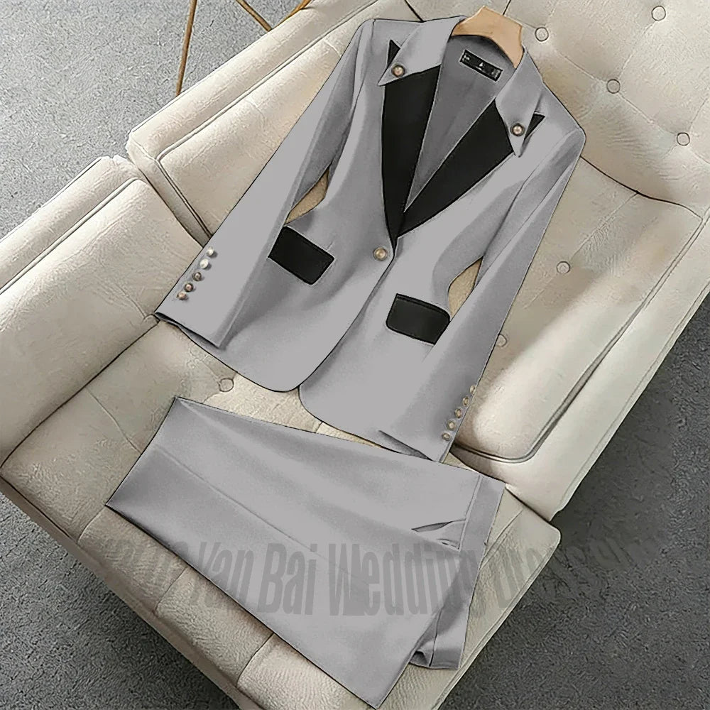 New Unique Women Pant Suit Contrast Color Modern Outfit One-Button Peaked Lapel Casual Fashion Daily Female Clothes Set 2 Piece