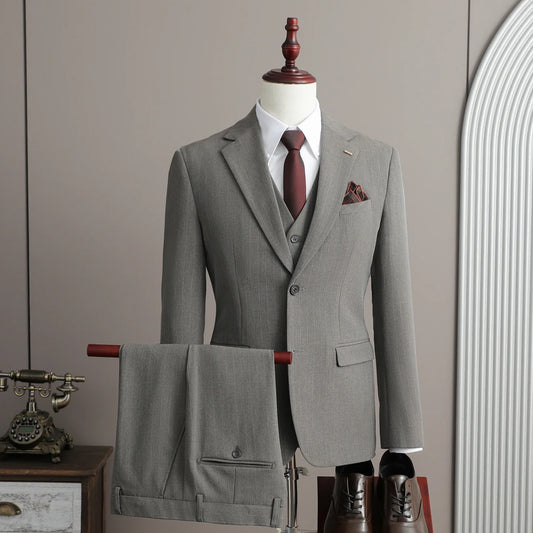 Men's Linen 3-Piece Slim Fit Suit – Blue & Beige | Peak Lapel Wedding Suit