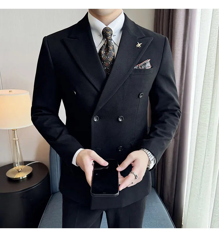 (Jacket+Pant) Autumn Winter Thickened Woolen Suit 2025 New High Quality Slim Business Tuxedo Fashion Wedding Social Suits