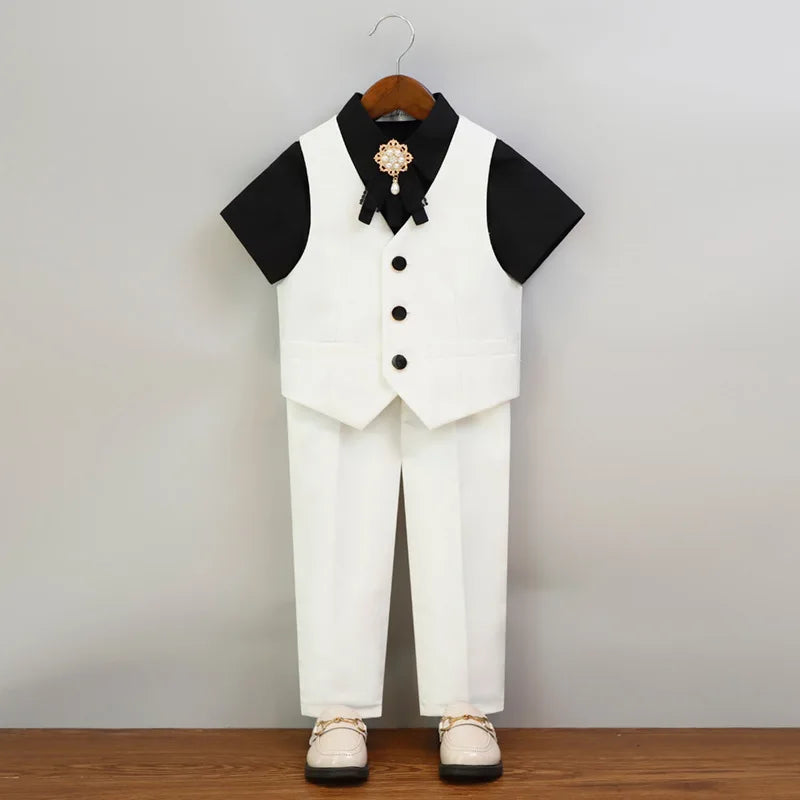 Boys Pure White Suit Set Kids Wedding Birthday Ceremony Party Performance Costume Childre's Piano Performance Costume