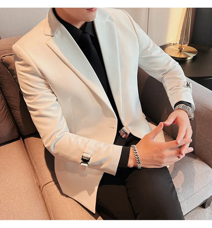 Men's Slim Fit Blazer Metal Buckle Decoration Smart Casual Wedding Party Jacket