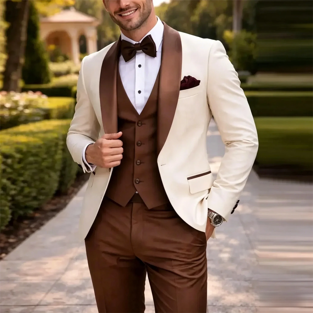 White And Brown Formal Men Suit Groom Groomsman Wedding Party Prom Business Male Tuxedos 3 Piece Set Blazer+Vest+Pants