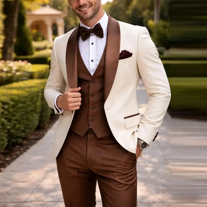 White And Brown Formal Men Suit Groom Groomsman Wedding Party Prom Business Male Tuxedos 3 Piece Set Blazer+Vest+Pants
