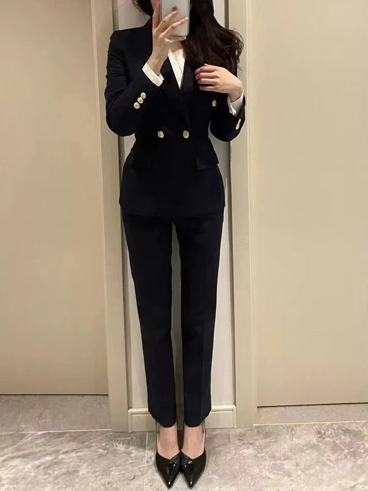 Navy blue Fashion Women Pant Suit Long Sleeve Solid Ladies Blazer and Trouser Formal 2 Piece Sets
