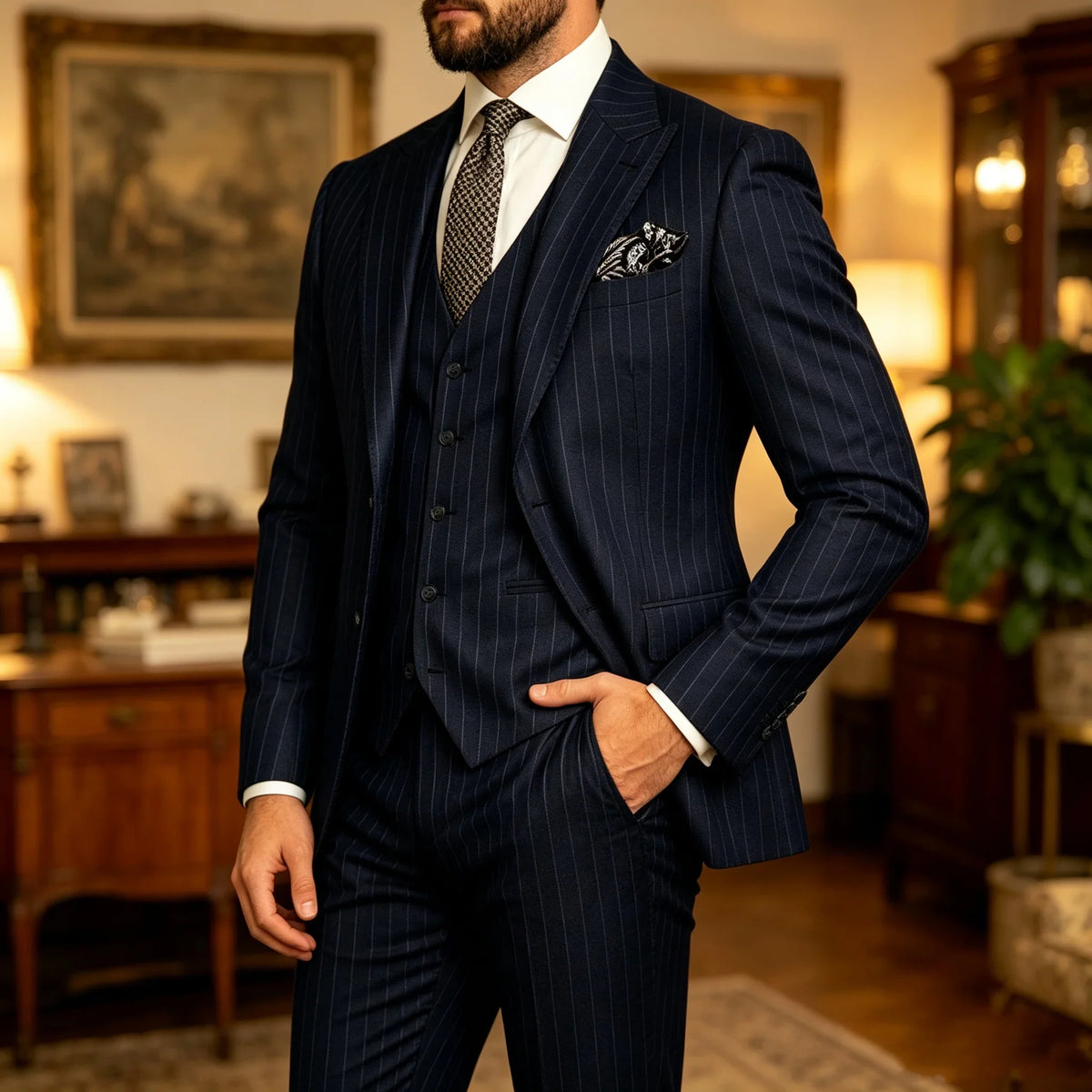 Men's Striped 3-Piece Suit – Slim Fit Blazer, Vest & Pants for Formal & Wedding Wear