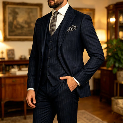Men's Striped 3-Piece Suit – Slim Fit Blazer, Vest & Pants for Formal & Wedding Wear