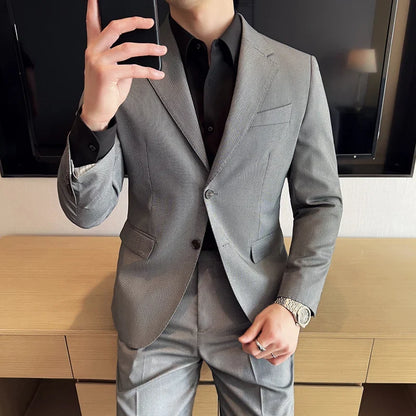 Men's bird's eye pattern high-end craftsmanship summer thin suit set, two-piece wedding banquet business casual suit