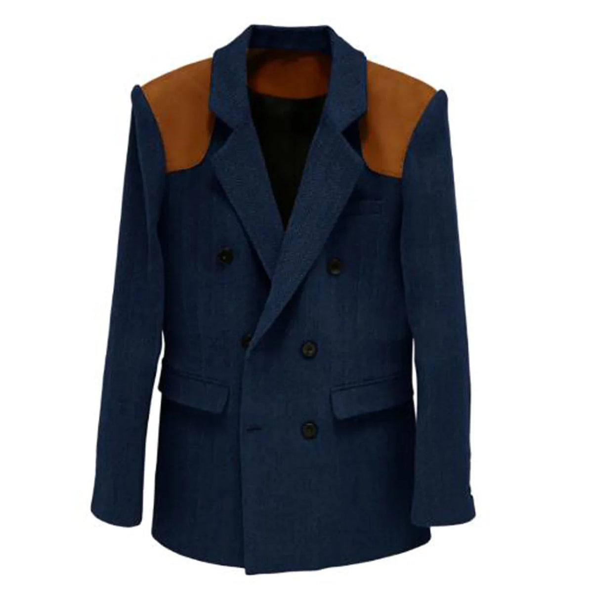 Men's Vintage Herringbone Blazer Contrast Shoulder Patches Double Breasted Wool Blend Suit Jacket Slim Fit Casual Business Coat