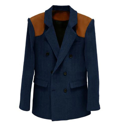 Men's Vintage Herringbone Blazer Contrast Shoulder Patches Double Breasted Wool Blend Suit Jacket Slim Fit Casual Business Coat
