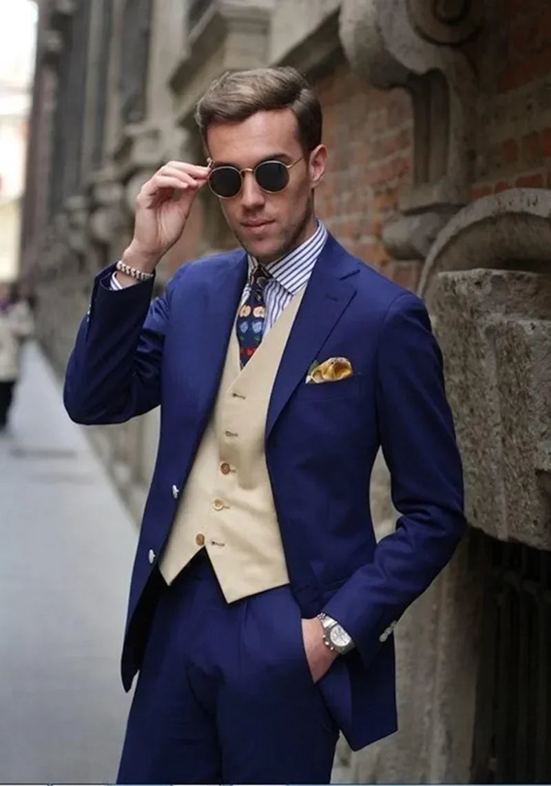 Navy Blue 3 Pieces Groom Tuxedos Groomsmen Mens Wedding Suits Prom Dress Casual Men Suits (Jacket+Pants+Vest)