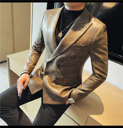 Brand Retro Leather Suit Jacket Men British Style Double Breasted Casual Business Blazers Wedding Groom Party Banquet Jackets