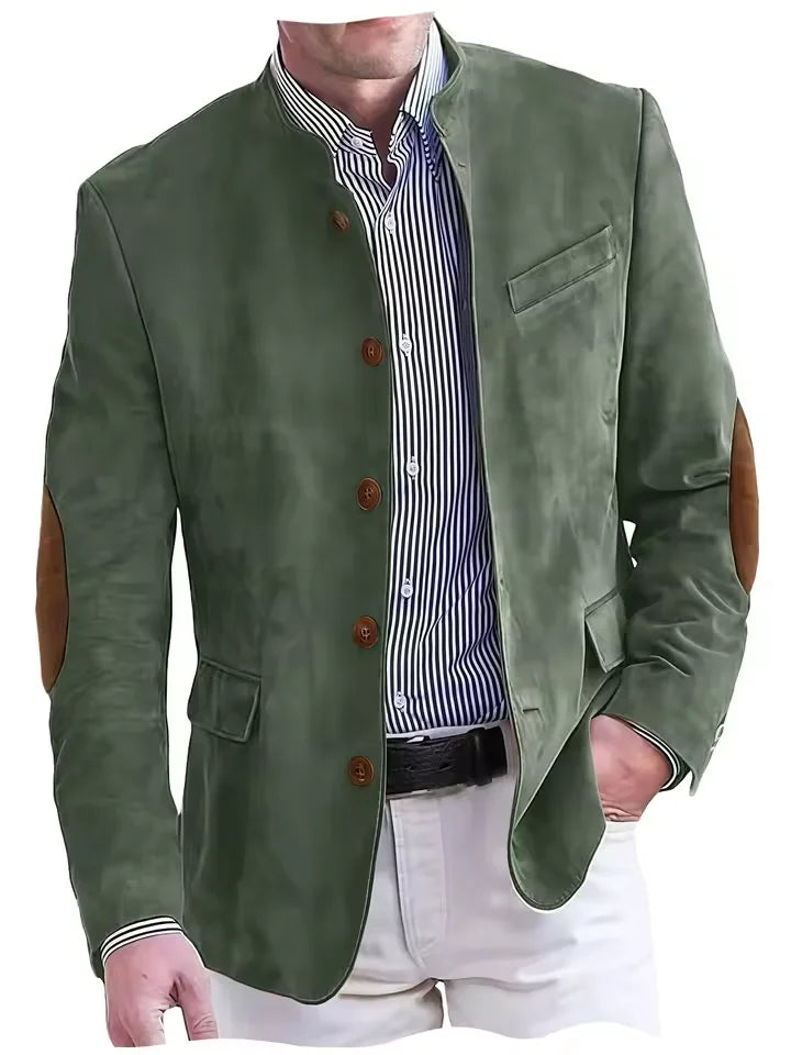 Vintage Men's Suede Blazer Elbow Patch Slim Fit Mandarin Collar Textured Fabric Jacket Business Casual Wedding Party Coat