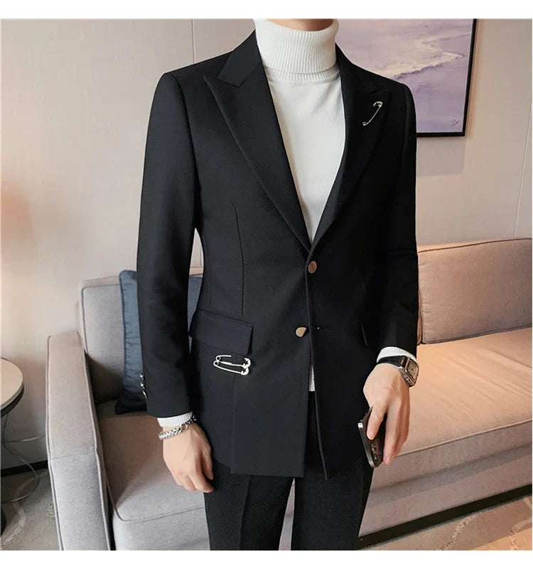 Autumn Pin Decoration Men Blazers Casual Suit Jacket Single Breasted Streetwear Social Business Dress Coat Wedding Groom Jacket