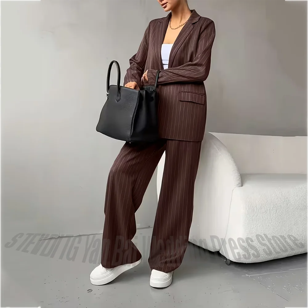 New Women's Brown Sripe Blazer Pants Suit Notch Lapel Back Split Loose Casual Formal Work Two Piece Set Fashion Streetwear