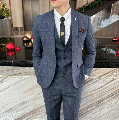 Ensemble costume trois pièces à carreaux modifié de haute qualité de style coréen britannique pour hommes - Gilet et pantalon de costume décontracté élégant