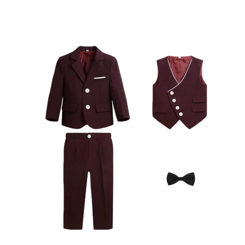 Kids 4Pieces Cerenmony Suit Set With Jacket Vest Pants Bowite Flower Boys Wedding Dress Children Birthday Photography Outfit
