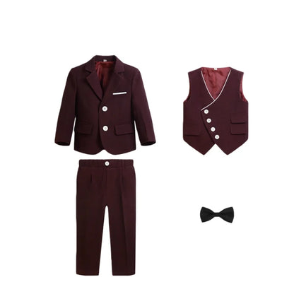 Kids 4Pieces Cerenmony Suit Set With Jacket Vest Pants Bowite Flower Boys Wedding Dress Children Birthday Photography Outfit