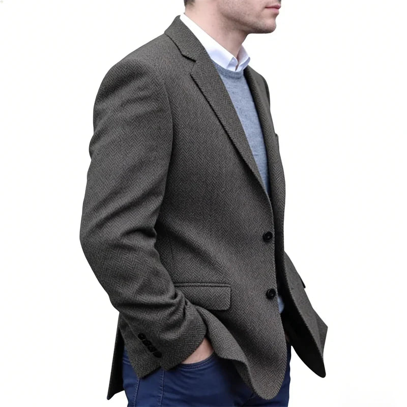 Premium Men's Suit Gray Blazer Prom Tuxedos Herringbone Tweed Single Breasted Formal Bussiness Jacket for Wedding Daily Wear