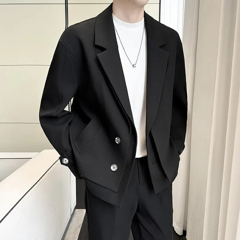 2025 Spring New Fake Two Piece Suit Collar Jacket Men Korean Trend Casual Business Blazers Loose Street Wear Social Jacket
