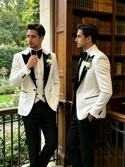 White Floral Pattern Groom Tuxedo for Wedding Dinner Slim Fit Men Suits with Black Velvet Lapel 3 Pieces Fashion Costume Outfits