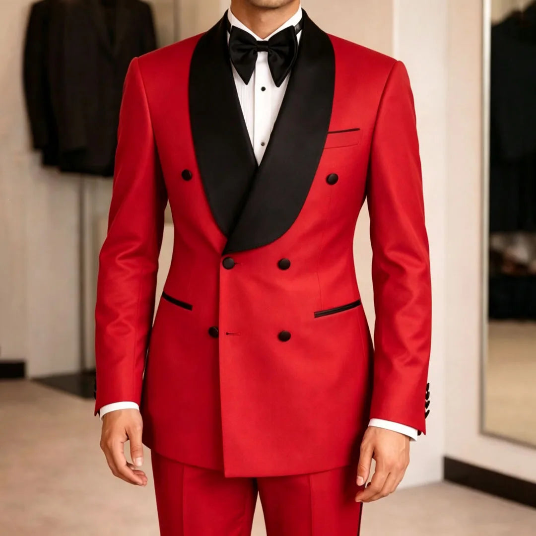 Men Suit Yellow 2 Pieces Double Button With Black Lapel For Wedding Birthday Banquet Party Business Work Office Jacket Pants
