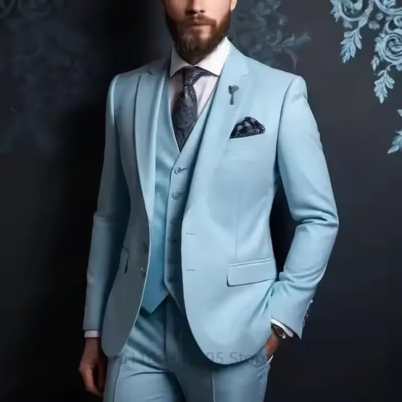 Men's 3-Piece Slim Fit Suit – Single-Breasted Blazer, Vest & Trousers in Blue for Banquets & Weddings