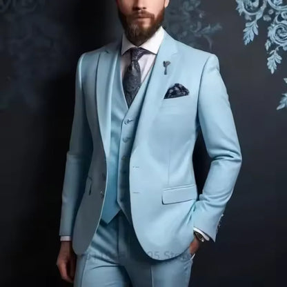 Men's 3-Piece Slim Fit Suit – Single-Breasted Blazer, Vest & Trousers in Blue for Banquets & Weddings