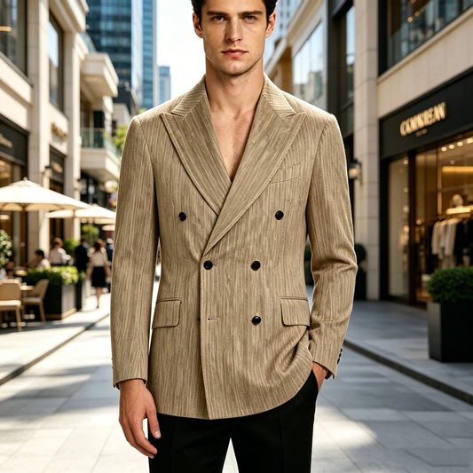 Men's Linen Double Breasted Blaze Notch Lapel Slim Fit Suit Jacket Formal Business Casual Sport Coat for Wedding Party Summer