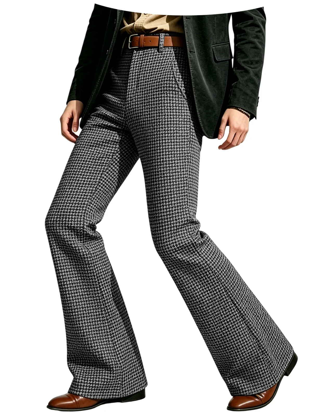 Houndstooth Patten Men Bell Bottom Pants Vintage Adjustable Waist Flared Trousers 60s70s Disco Man Slim Fit Pant For Dance Party