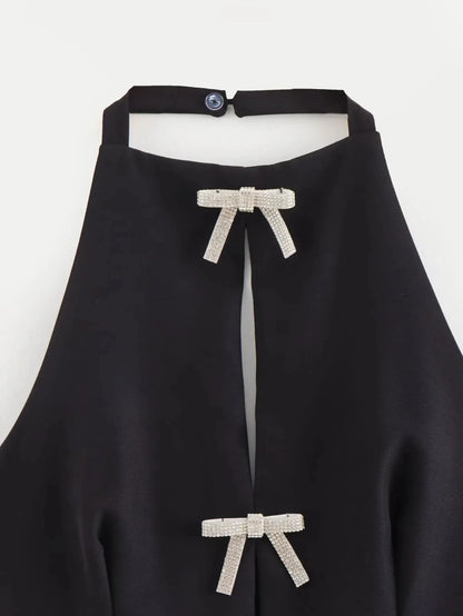 Rhinestone Bow Halter Top Women Off Shoulder White Crop Top Woman Party Backless Sexy Tops Summer Cut Out Short Black Top