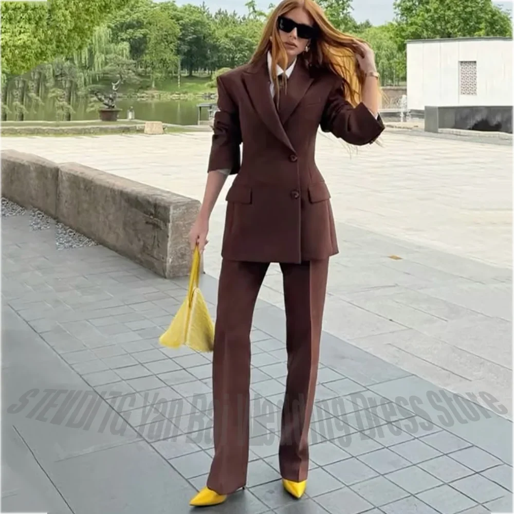 Tailored Single Breasted Women Two Piece Suit Set Peak Lapel Blazer Pants Solid Color Office Lady Elegant Casual Outfit Slim