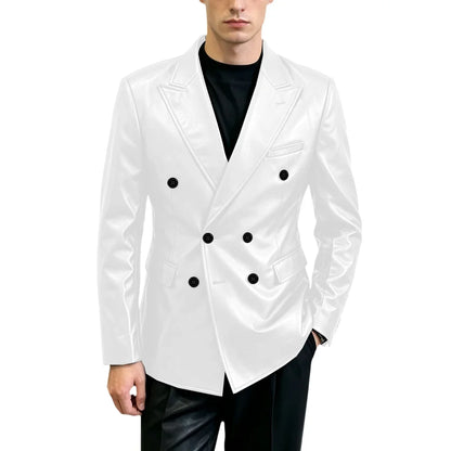 Vintage Men's Brown Leather Blazer Double Breasted Peak Lapel Slim Fit Suit Jacket High Quality Fashion Sport Coat Business Casu