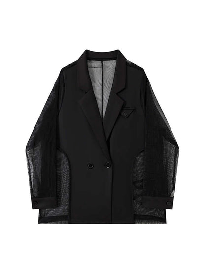 Women's Black Gothic Mesh Patchwork Blazer Coat Vintage Streetwear Harajuku Emo 2000s Suit Jacket Long Sleeve Outerwear Clothes
