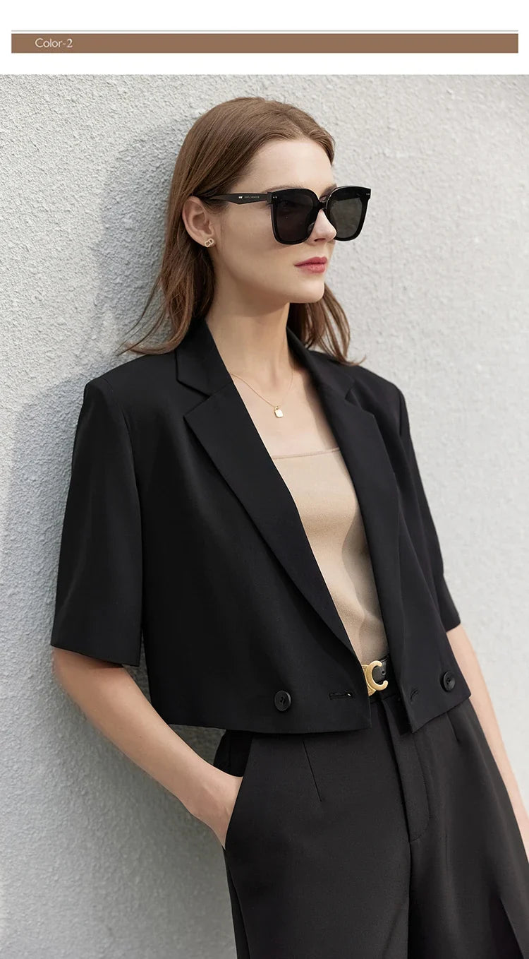 Minimalism Women's Jacket Casual Blazer 2024 Summer Shirts Office Lady Black Business Blazers Short Sleeve Tops 12322062