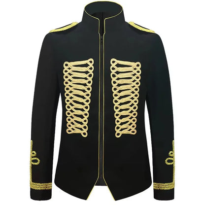 Men's European Style Stand Collar Zipper Blazer Golden Rope Detail Cosplay Middle Ages Tuxedo for Stage Performances And Parties
