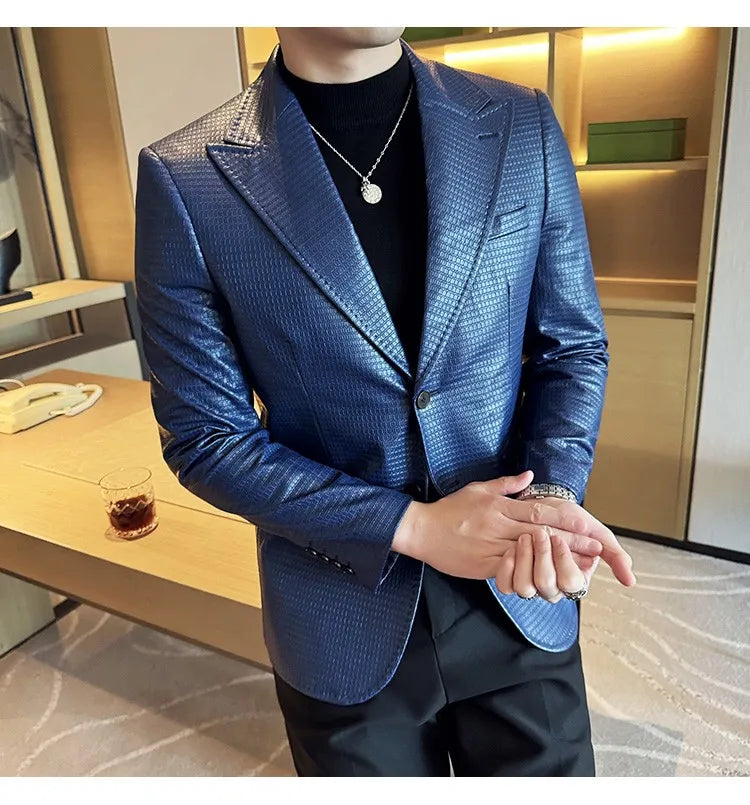 Korean Waffle Leather Suit Jacket Men's Business Casual PU Leather Blazer Slim Fit Wedding Groom Office Social Formal Coats 2026