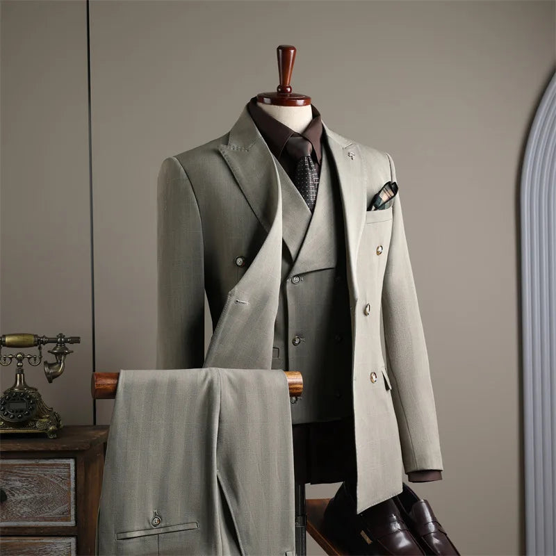 Black Men's 2-piece Suit Double Breasted Checkered Pattern Casual Business Formal Fashionable Slim Wedding Groomsman Dress Party