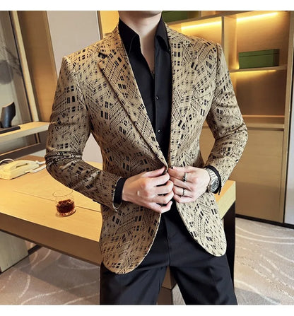 Korean Slim Fit Casual Suit Jacket for Men Fashion Camouflage Business Social Blazers Wedding Streetwear Dress Coat Men Clothing