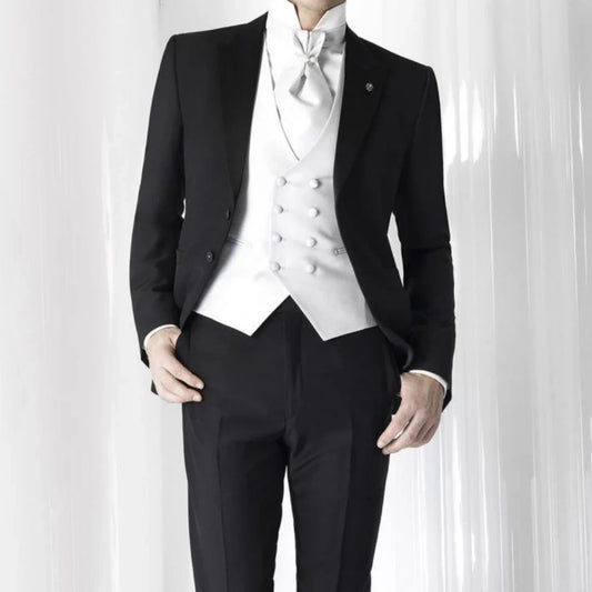 Men Suit 3 Piece Black With Lapel White Vest For Wedding Banquet Casual Business Official Work Tuxedo Set Jacket Vest With Pants