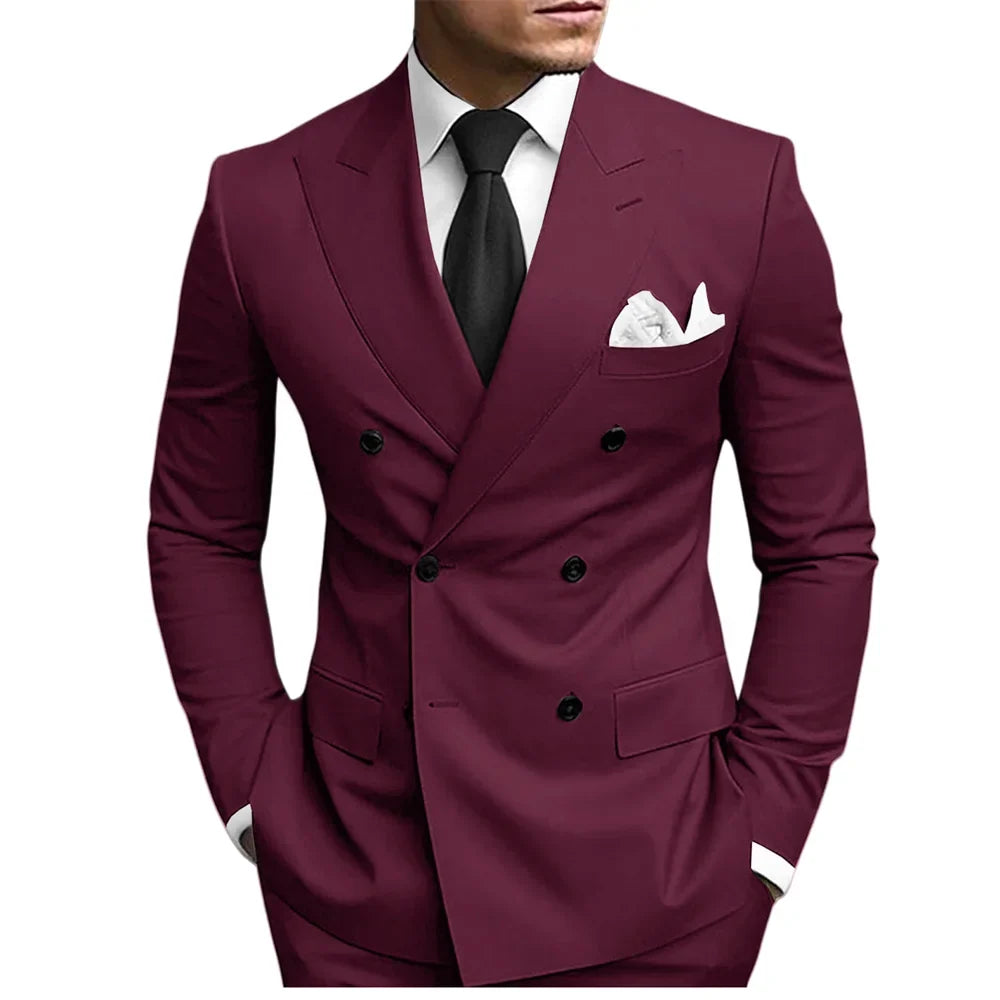Classic Solid Suit Set 2 Pieces Jacket Pants For Men Wedding Groom Sets Double Breasted Men's Suits Banquet Tuxedo Wear XS-5XL