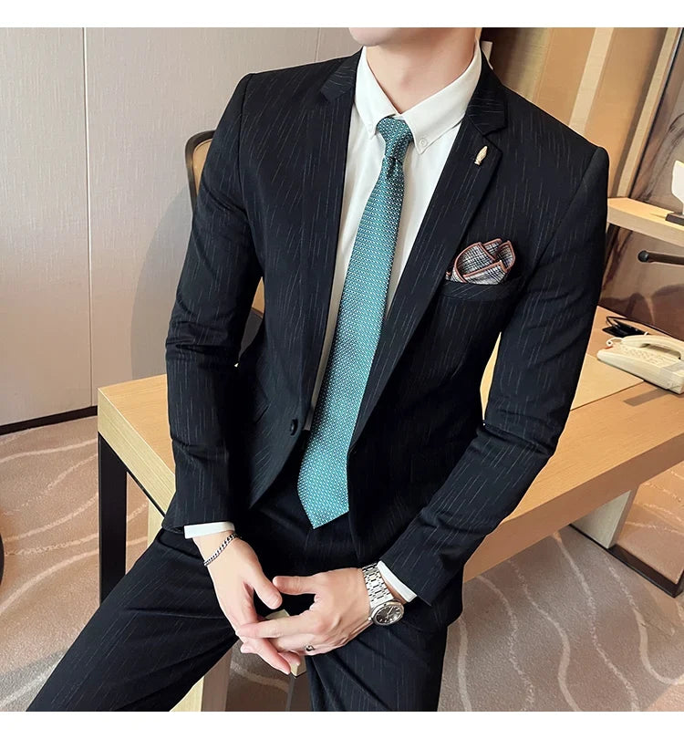 7XL 6XL(Jacket+Pant）Fashion Striped Men Slim Fit Suit Groom Wedding Tuxedo Formal Business Party Slim Fit Social Stage Costume