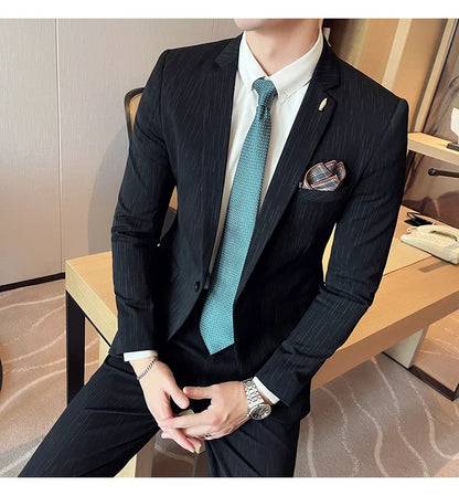 7XL 6XL(Jacket+Pant）Fashion Striped Men Slim Fit Suit Groom Wedding Tuxedo Formal Business Party Slim Fit Social Stage Costume