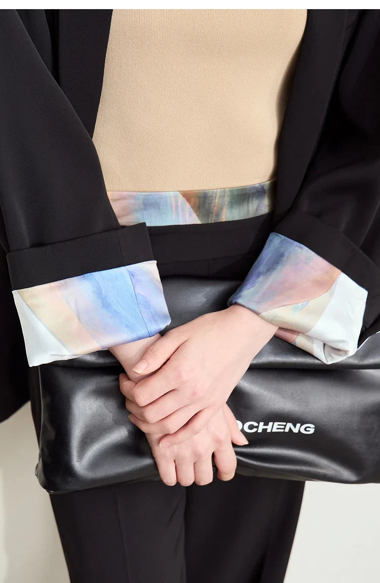 Minimalism Women Tailored Coat 2024 Autumn New Office Lady Lapel Collar Print Patchwork Mid-length Loose Blazer 12443016