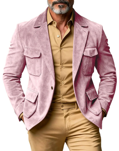 Men's Suede Safari Blazer Slim Fit Notch Lapel Multi-Pocket Hunting Jacket Autumn Winter Casual Business Sport Coat