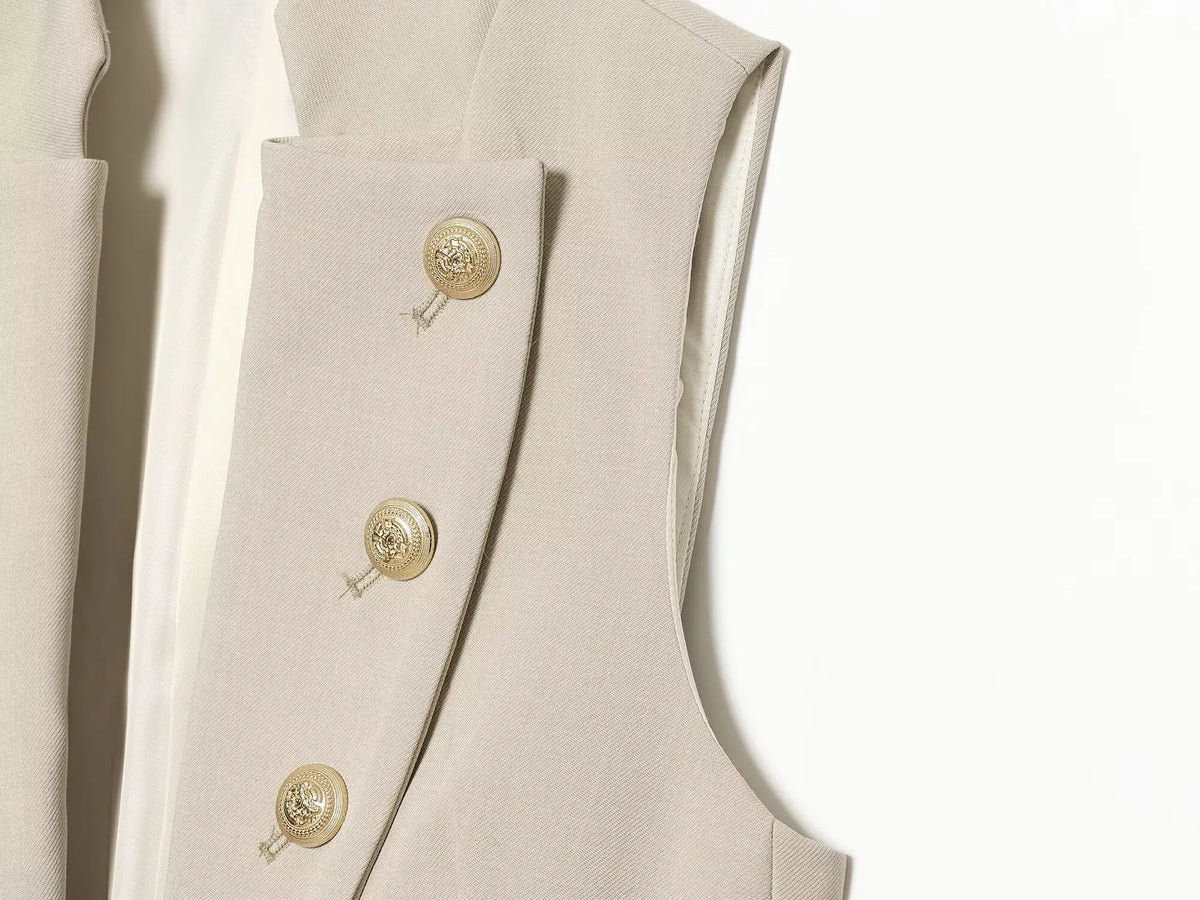 2026 Elegant Office Women Sleeveless Waistcoat Lapel Double Breasted Metal Gold Button Flap Pockets Slim Business Suit Vest