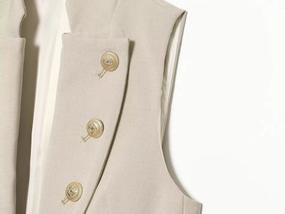 2026 Elegant Office Women Sleeveless Waistcoat Lapel Double Breasted Metal Gold Button Flap Pockets Slim Business Suit Vest